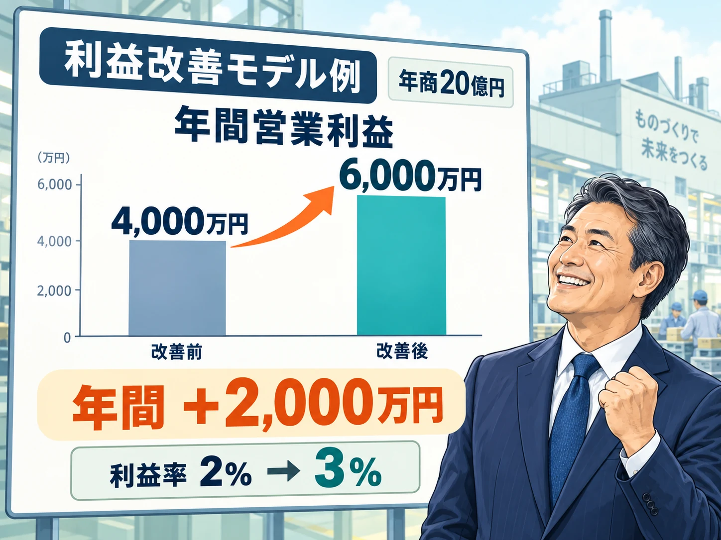 数値で利益改善の道筋を確認し、喜ぶ社長。年商20億円の改善モデル例で、年間営業利益4,000万円から6,000万円、年間プラス2,000万円、利益率2パーセントから3パーセントへの改善を示している